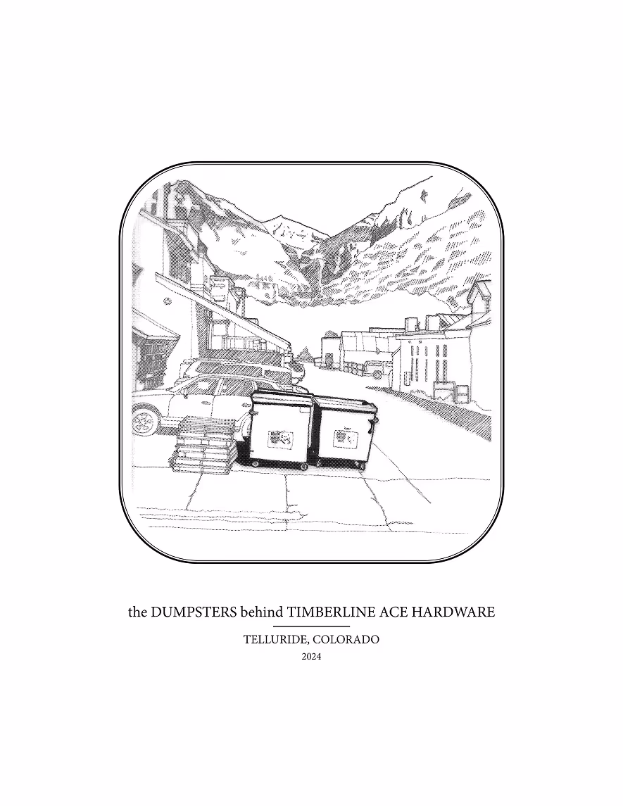 Sketch of dumpsters behind Timberline Ace Hardware with parked cars and mountainous background in Telluride, Colorado.