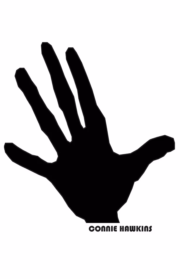 Black silhouette of an open left hand with fingers spread against a white background with the text 'Connie Hawkins' below.