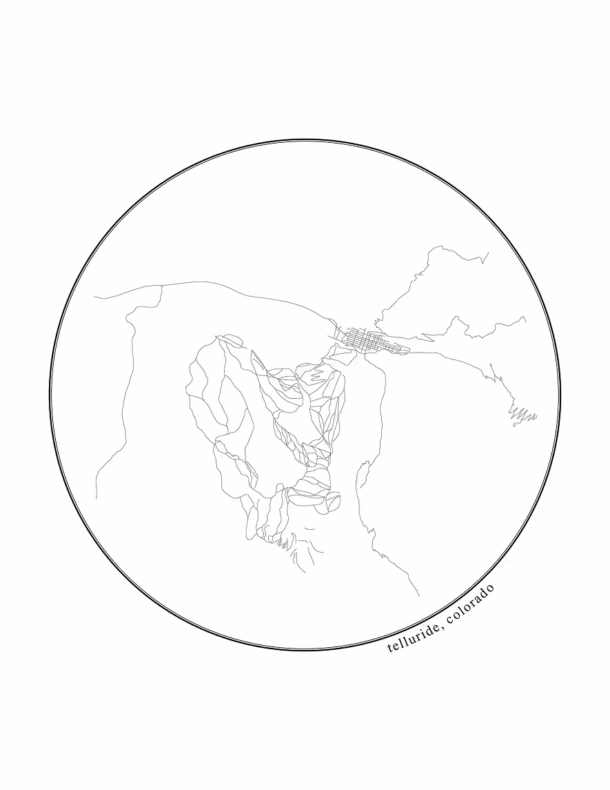 Minimalist circular line map showing streets and mountain trails of Telluride, Colorado.