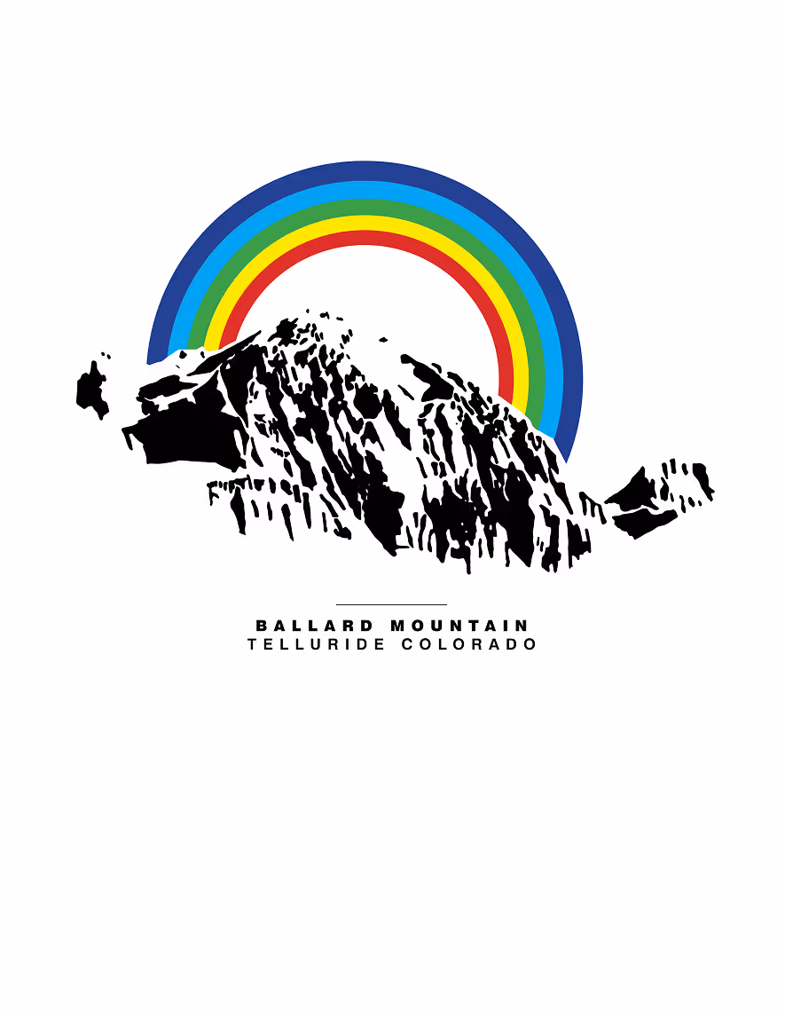 Black and white stylized illustration of Ballard Mountain with a multicolored rainbow arc above it and text below reading 'Ballard Mountain Telluride Colorado.'