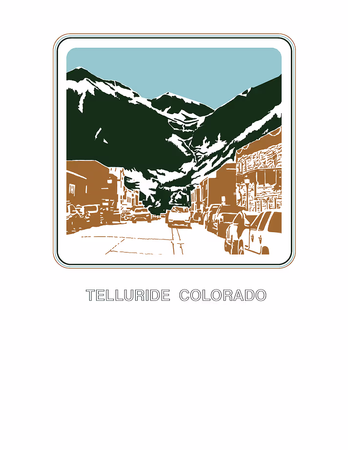 Stylized street view of Telluride, Colorado, with cars parked along both sides and snow-capped mountains in the background.