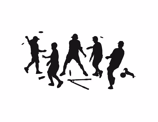 Silhouettes of five people playing disc golf with a dog nearby and disc golf equipment on the ground.
