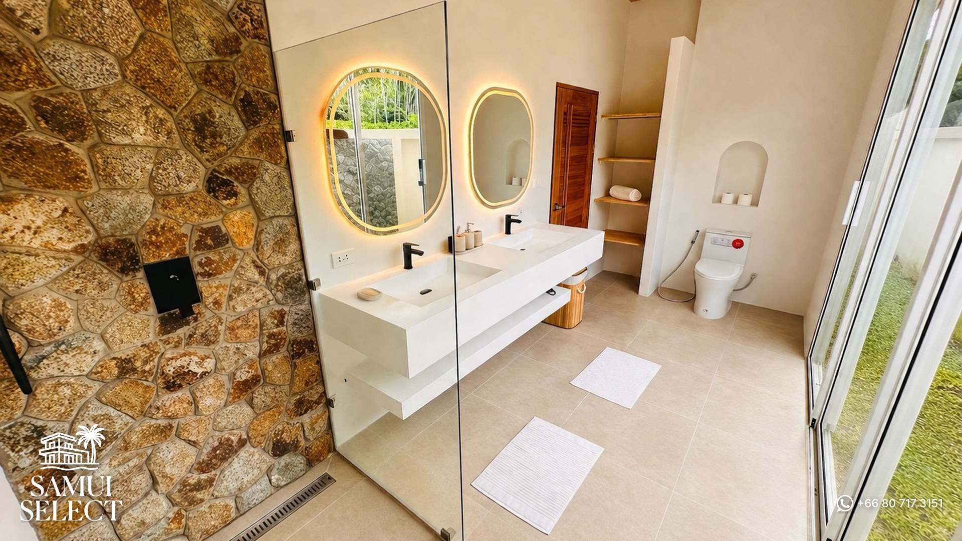 Bathroom with stone wall