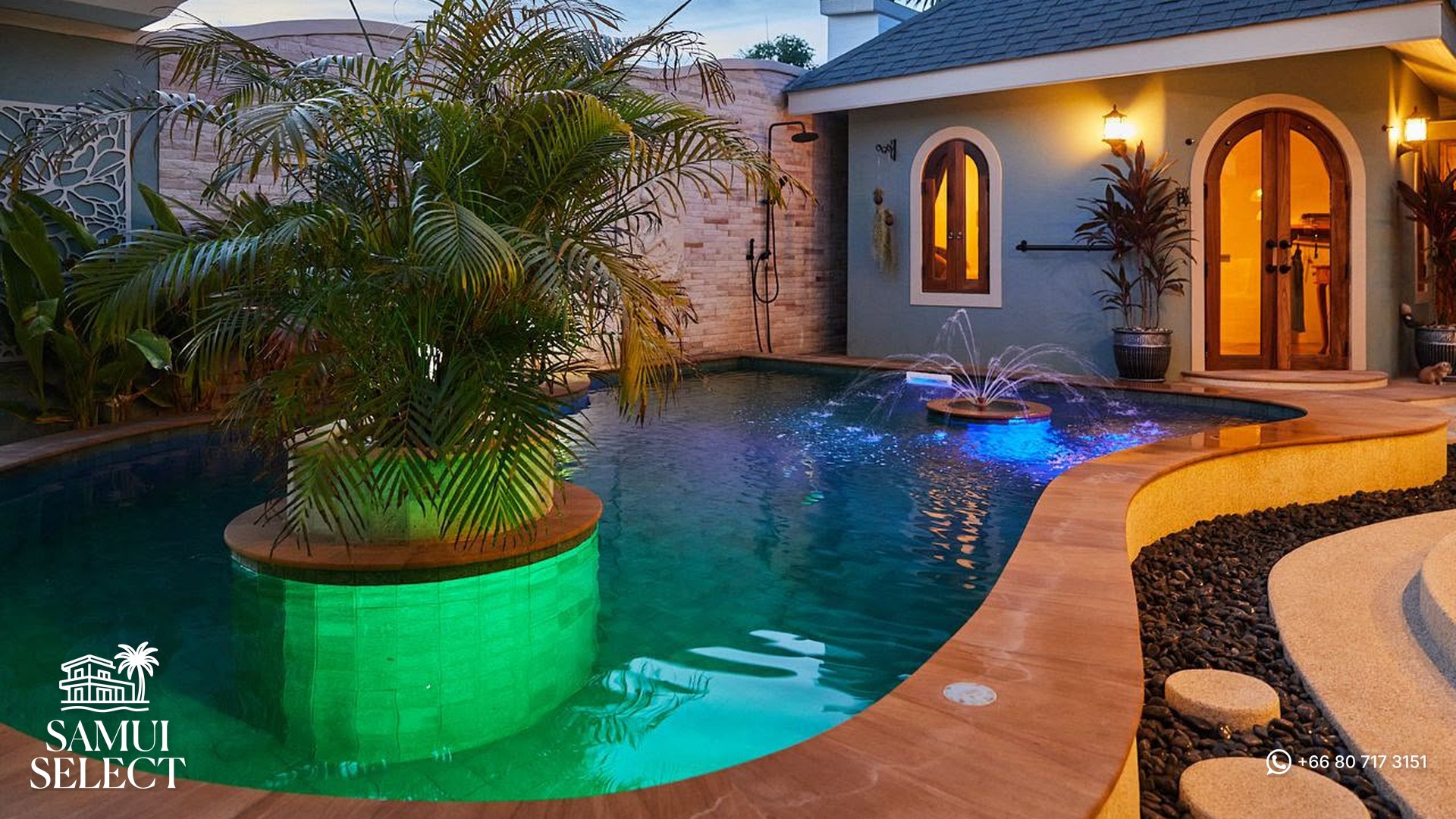 Free-form pool with arched doors