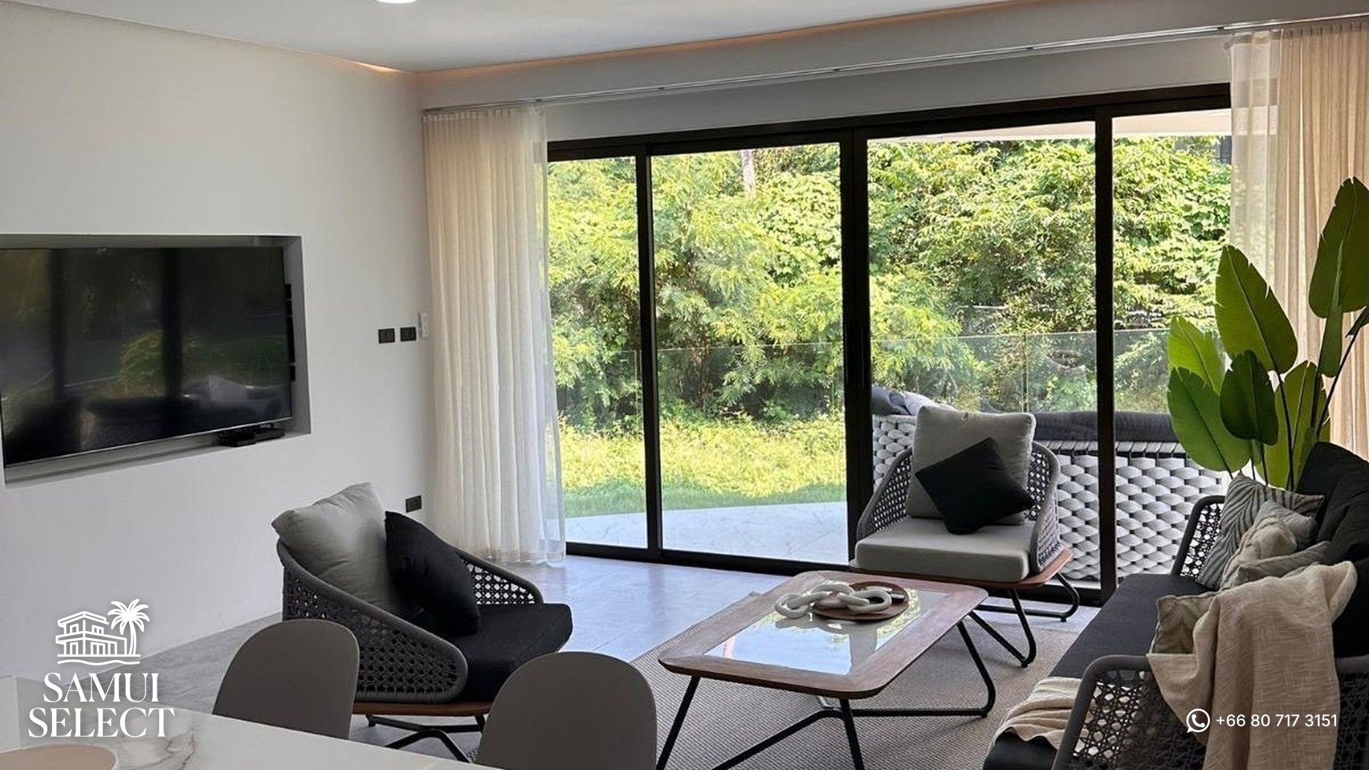 Living room with Smart TV and garden view