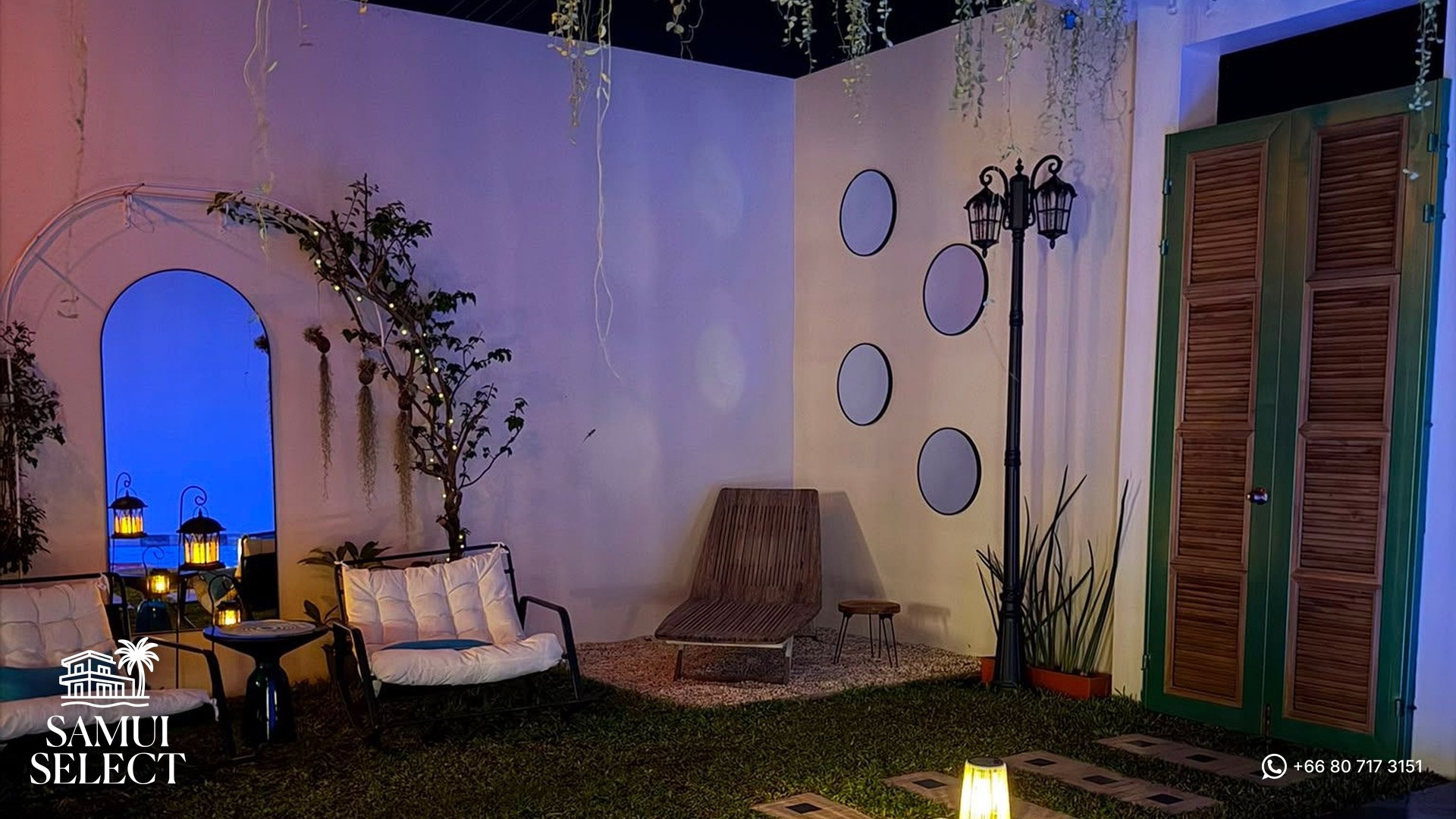 Pool and courtyard at night
