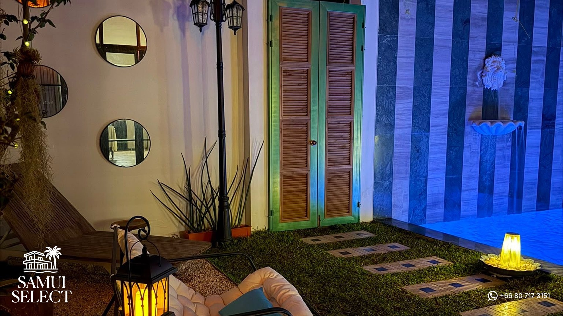 Outdoor lounge at night