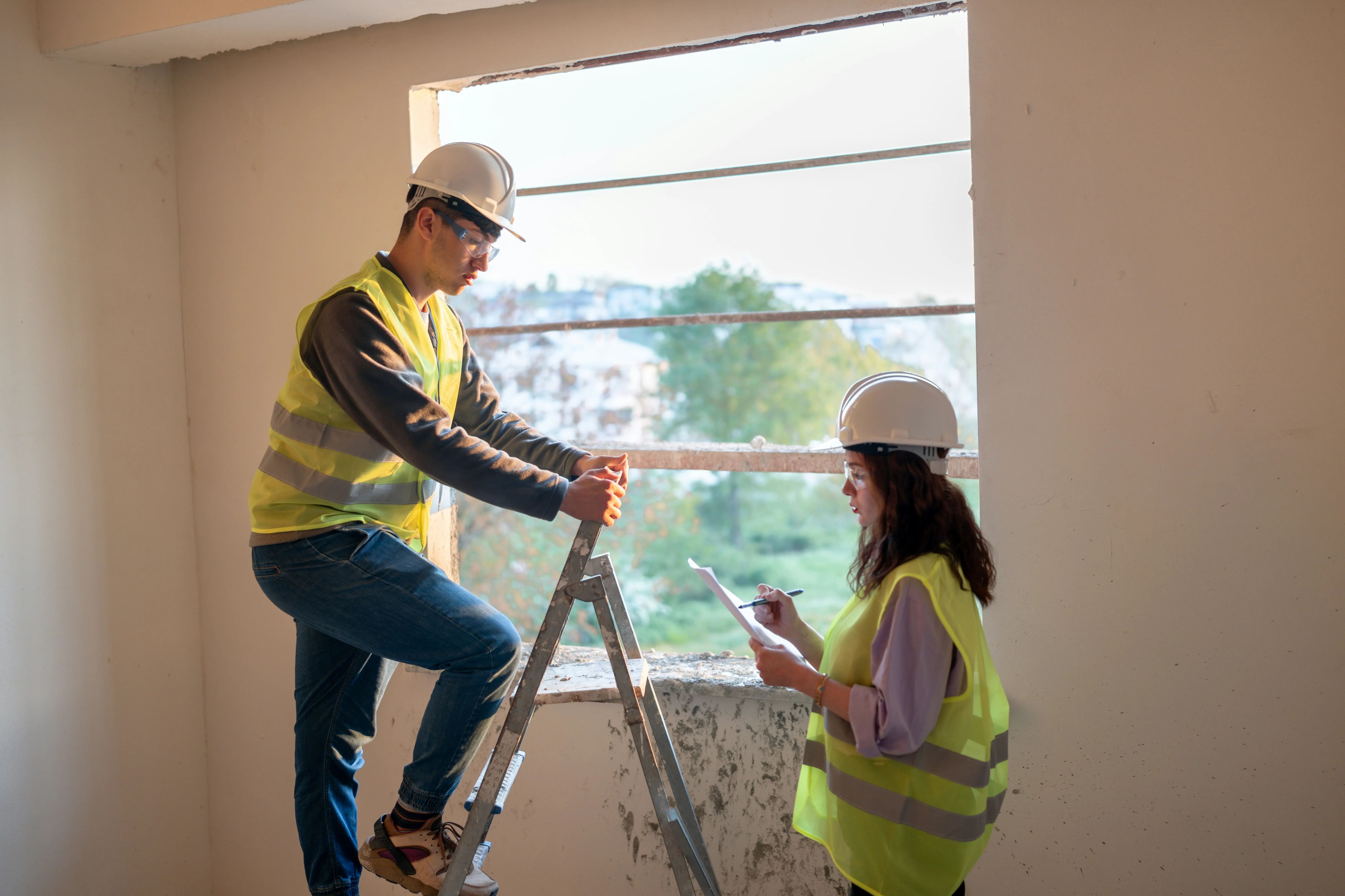 Two construction workers wearing safety helmets and reflective vests inside a building under construction, one standing on a ladder and the other holding papers.