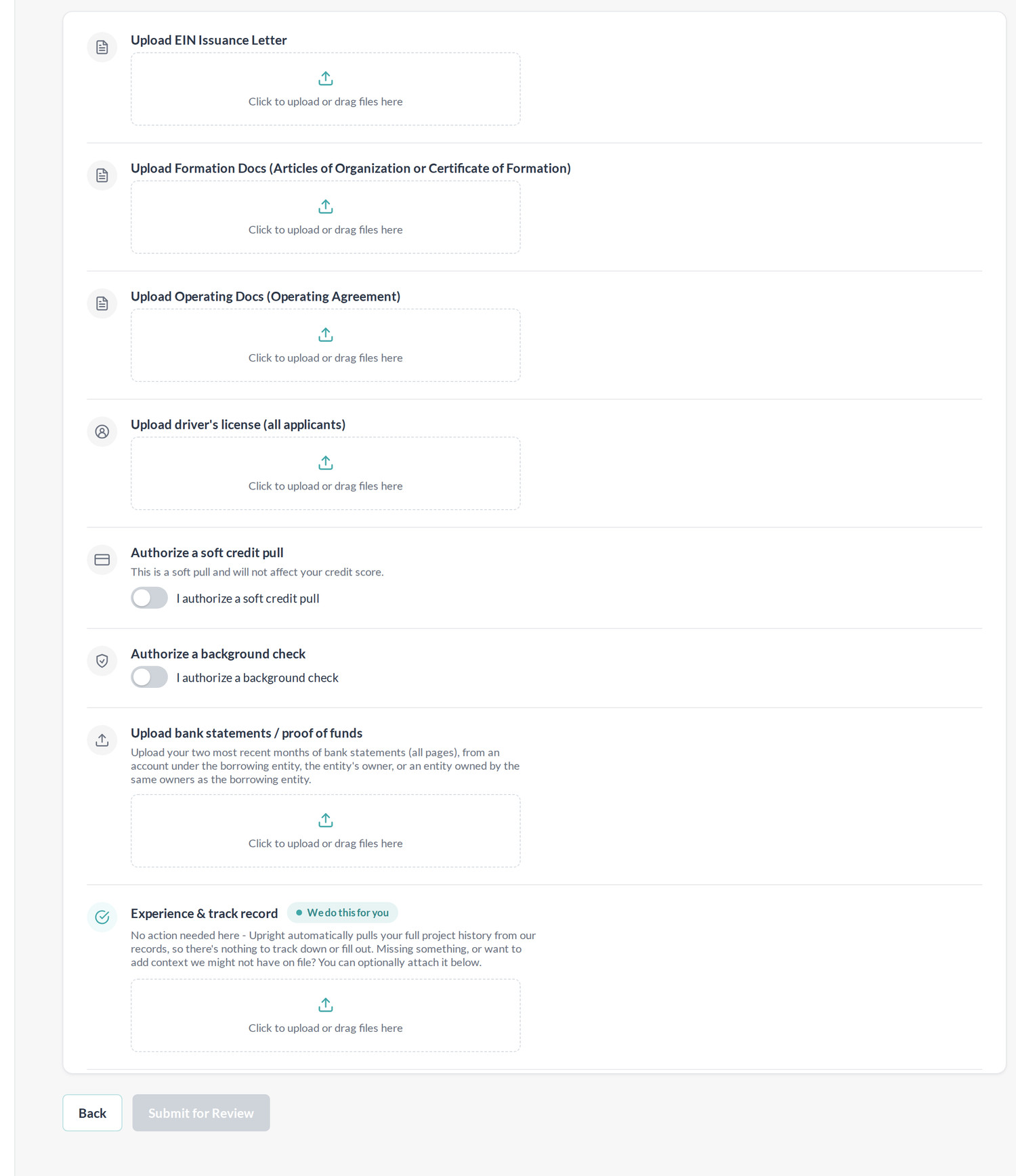 Verification checklist in the Upright Borrower Portal showing document uploads, a soft credit pull authorization, a background check, bank statements, and an experience and track record item marked We do this for you