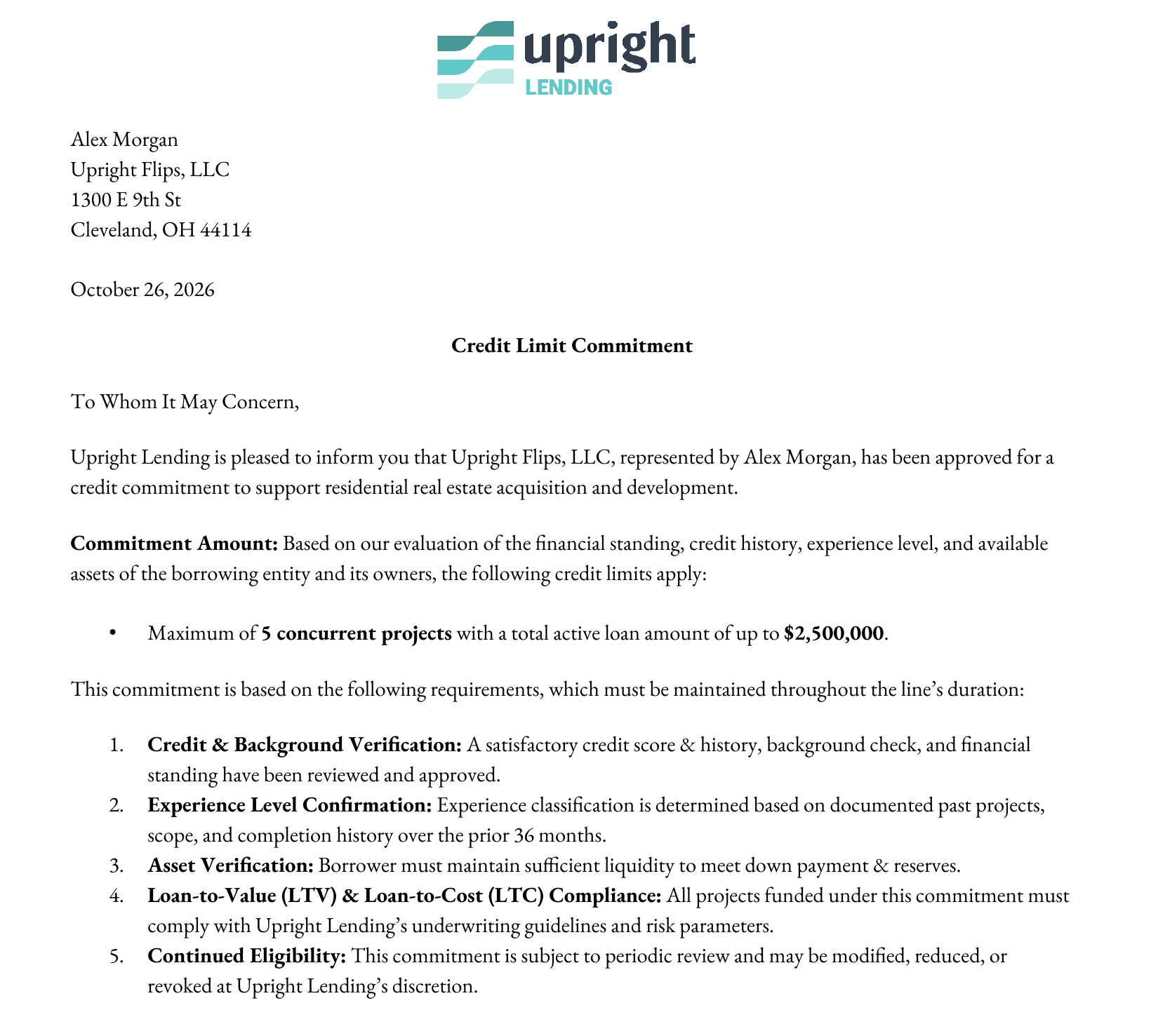 Sample Credit Limit Commitment letter from Upright Lending for Upright Flips, LLC: a maximum of 5 concurrent projects with up to $2,500,000 in total active loans