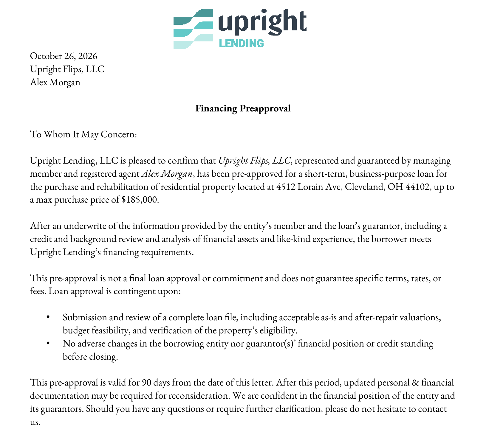 Sample purchase pre-approval letter from Upright Lending for Upright Flips, LLC at 4512 Lorain Ave, Cleveland, OH, up to a $185,000 purchase price