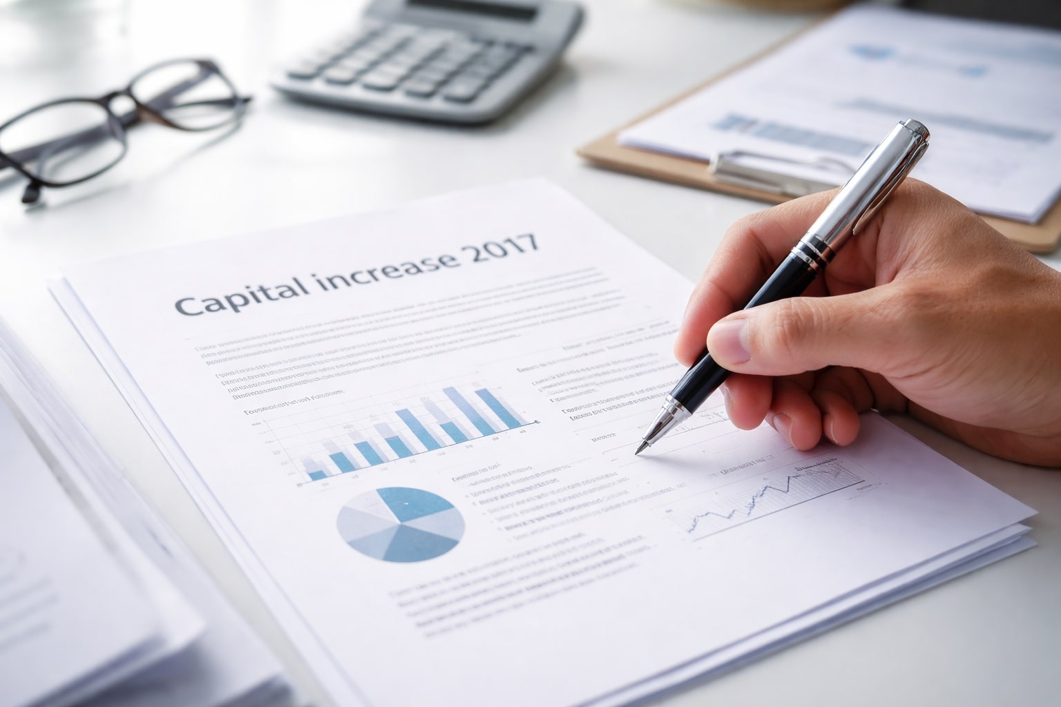 Hand with a pen over a report titled Capital increase 2017 with bar and pie charts, calculator and glasses nearby