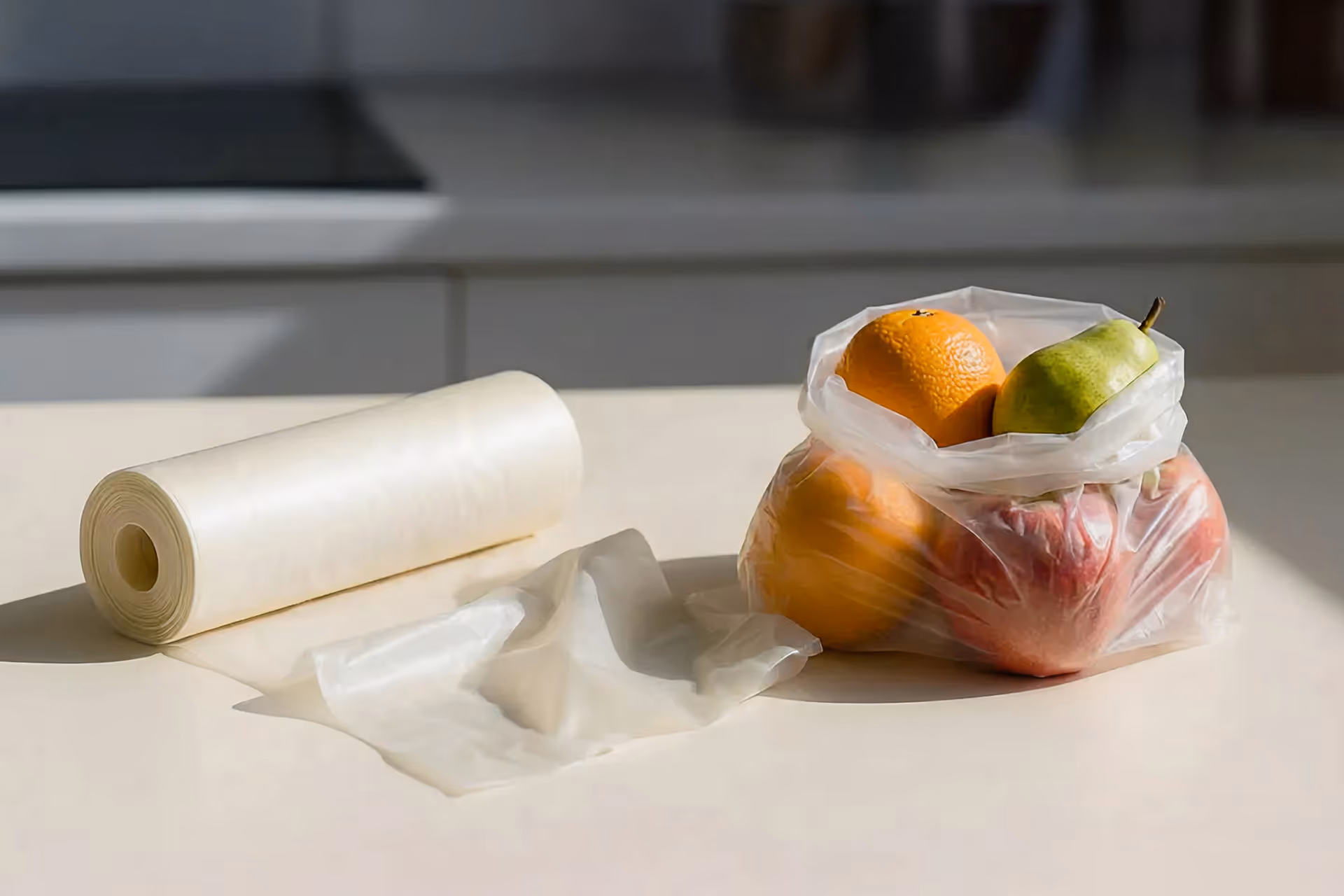 Rolle transparenter Biokunststofffolie und ein Beutel mit Orangen und Äpfeln auf einer Küchenarbeitsplatte