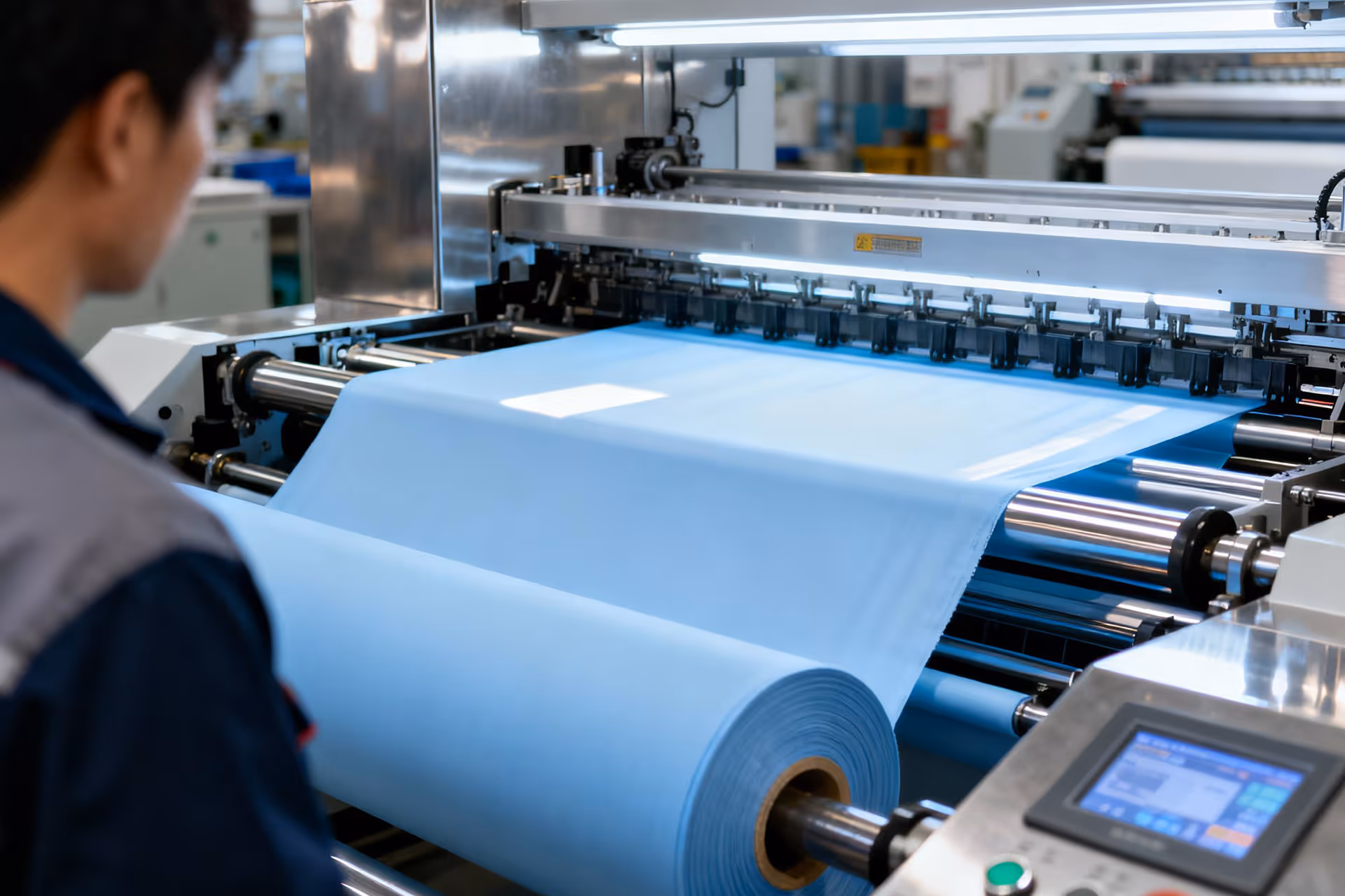 Worker operating a machine processing a roll of light blue fabric in a textile factory