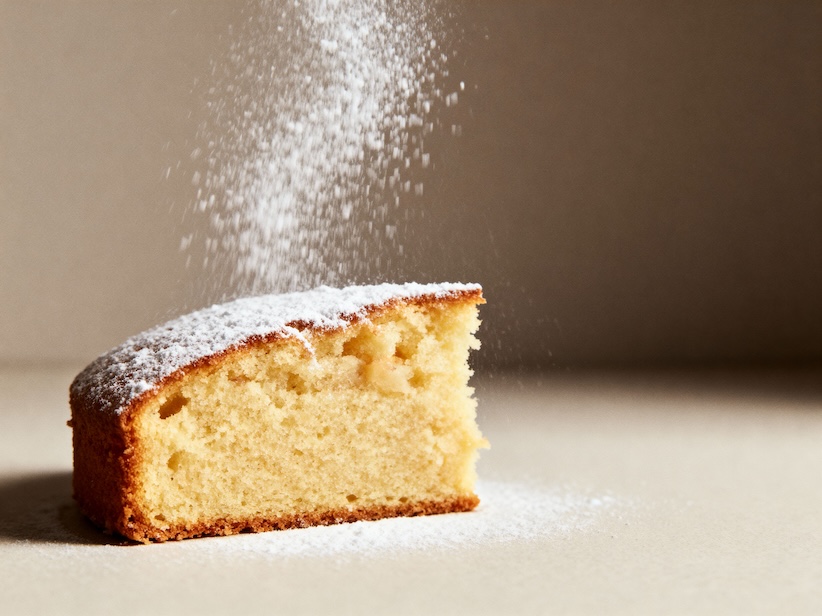 Stück Biskuitkuchen wird mit Staubzucker bestreut