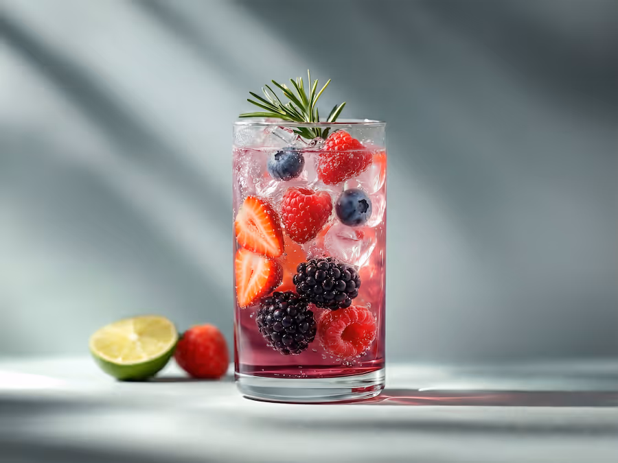 Hohes Glas mit rosa Sprudelgetränk, Erdbeeren, Himbeeren, Brombeeren, Heidelbeeren und Rosmarin