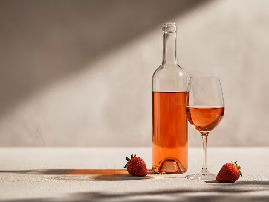 Flasche und Glas Rosé-Fruchtwein mit zwei Erdbeeren auf einem sonnenbeschienenen Tisch