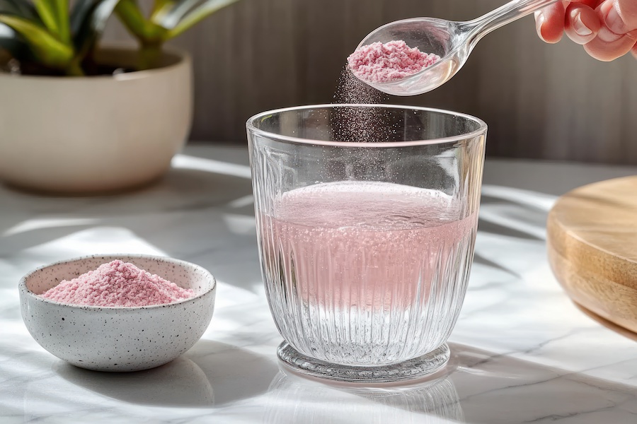 Rosa Pulver wird mit einem Löffel in ein Glas Wasser gegeben, daneben eine Schale mit dem Pulver