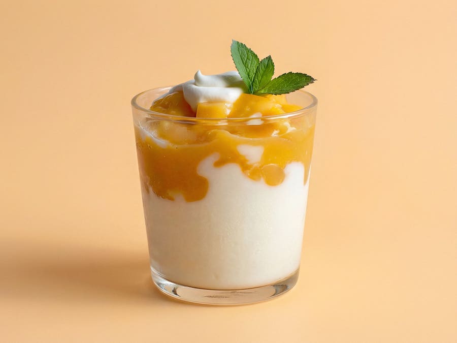 Glas Joghurt mit Mangopüree-Schicht, Creme und Minze vor orangem Hintergrund
