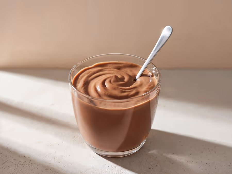 Glas cremiger Schokoladepudding mit Löffel im warmen Sonnenlicht
