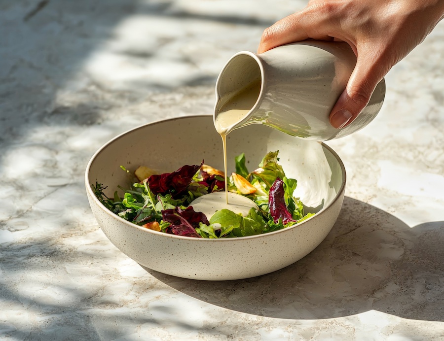 Hand gießt cremiges Dressing aus einem Kännchen über einen gemischten Blattsalat in einer Keramikschüssel