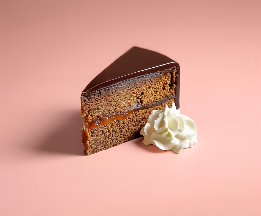 Stück Schokoladetorte mit Marillenmarmelade-Schicht und Schlagobers vor rosa Hintergrund