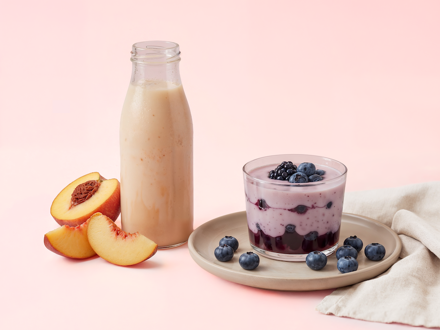 Flasche Pfirsichdrink neben einem Glas Heidelbeerjoghurt mit frischen Pfirsichspalten und Heidelbeeren vor rosa Hintergrund