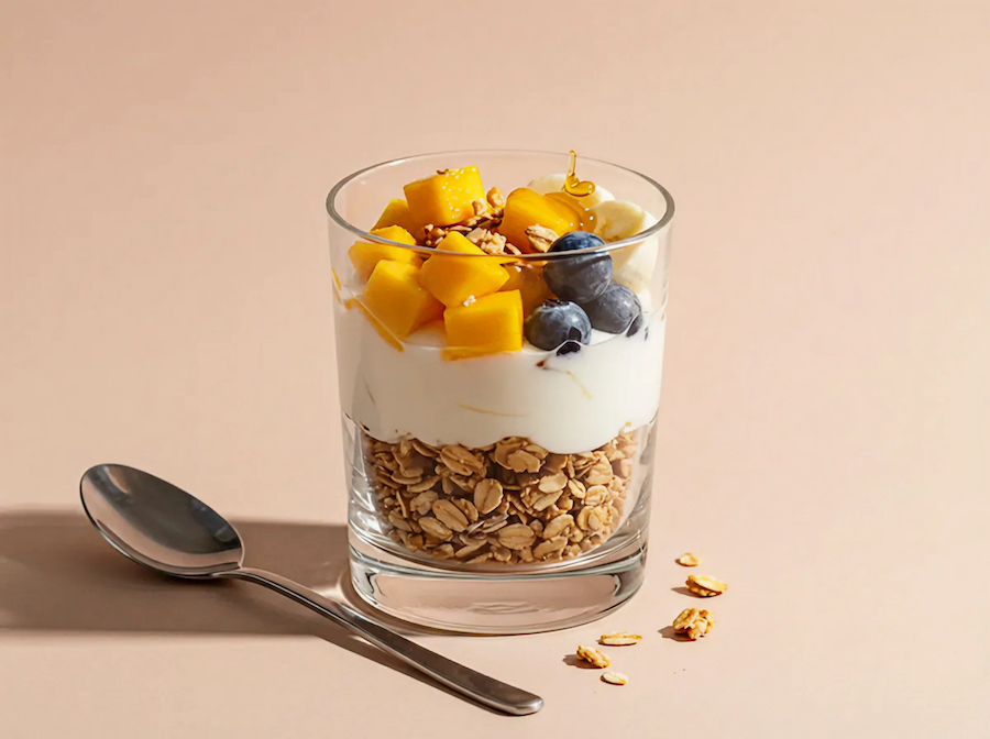 Glas Joghurt mit Granola, Mangostücken und Heidelbeeren vor beigem Hintergrund, dazu ein Löffel