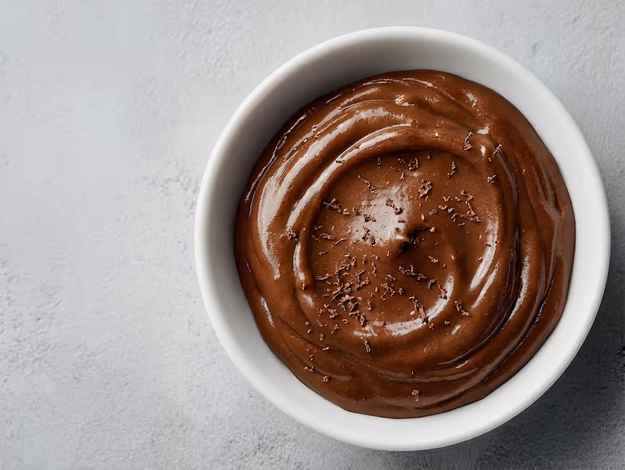 Schale mit glänzendem Schokoladepudding und Schokoraspeln, von oben