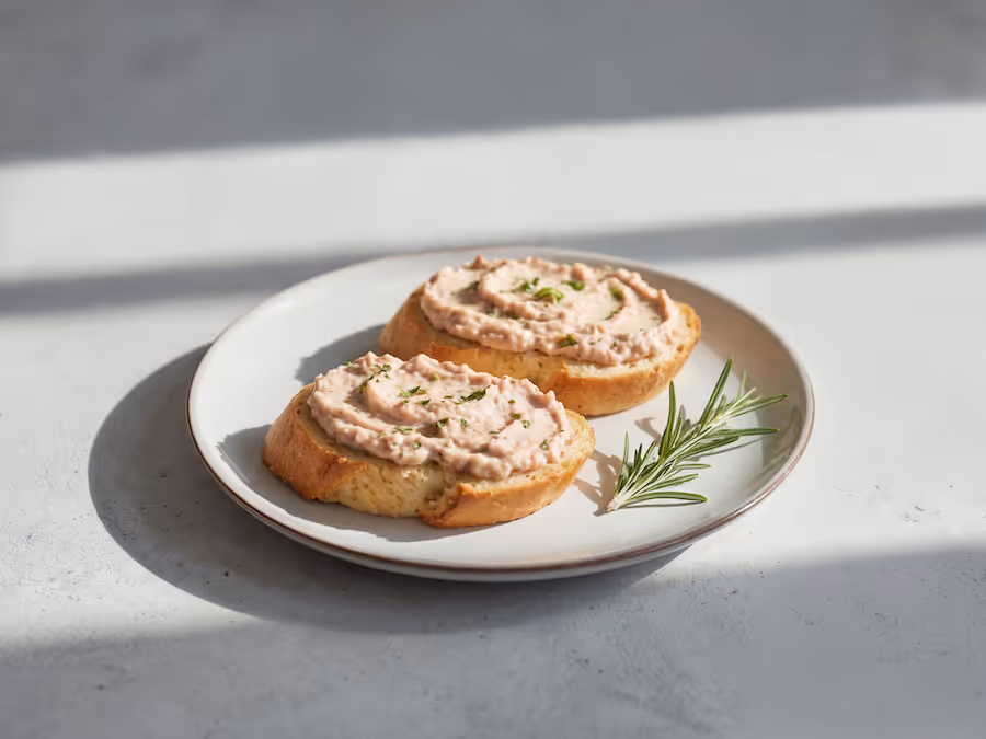 Zwei Scheiben geröstetes Brot mit pikantem Aufstrich und Kräutern auf einem Teller, garniert mit Rosmarin