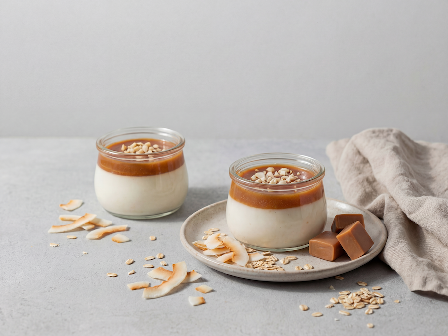 Zwei Gläser cremiges Dessert mit Karamell-Topping, Kokoschips, Haferflocken und Karamellbonbons