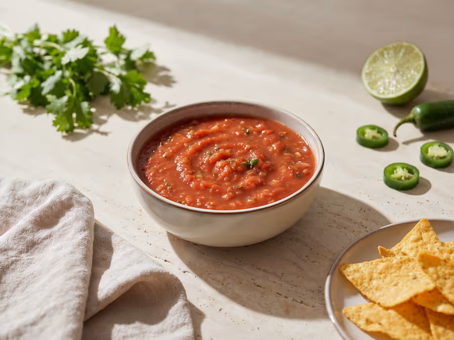 Schale Tomatensalsa mit Tortilla-Chips, Koriander, Limette und Jalapeño-Scheiben auf einem Steintisch