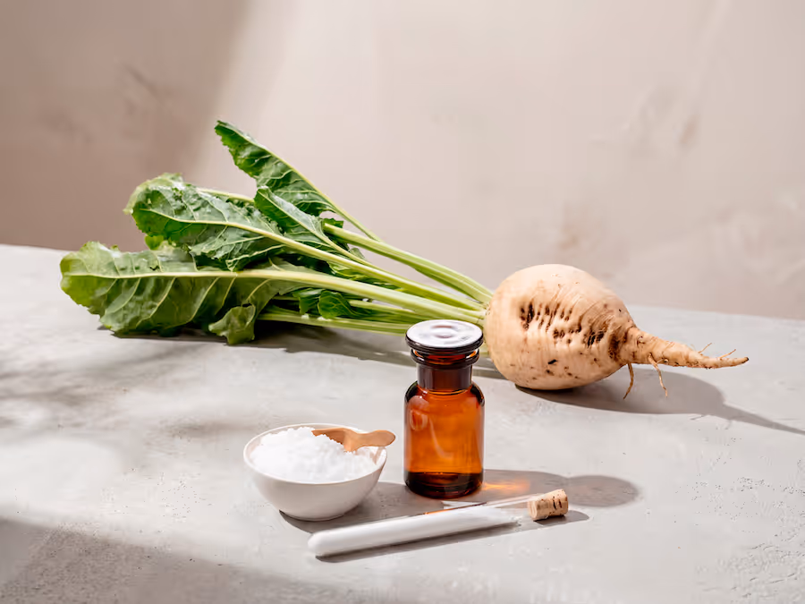 Sugar beet with leaves, an amber bottle, a bowl of white powder and a test tube on a concrete table