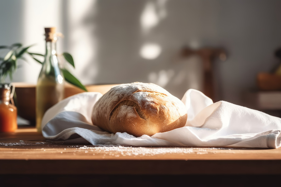 Rustikaler Brotlaib auf einem weißen Tuch auf einem sonnigen Holztisch