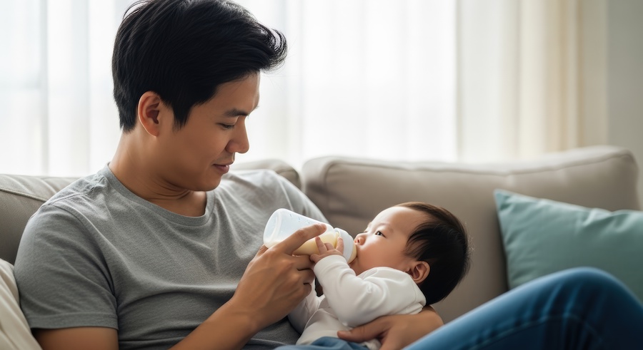 Vater gibt seinem Baby auf einem hellen Sofa das Fläschchen
