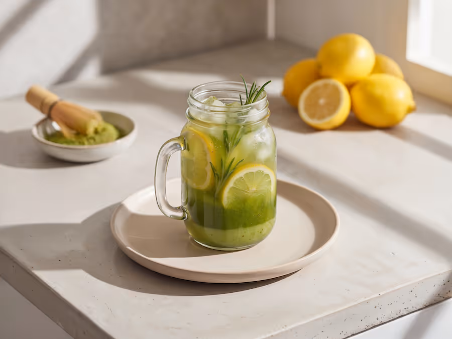 Henkelglas mit Matcha-Limonade auf Eis, Zitronenscheiben und Rosmarin, daneben Matchapulver und Zitronen