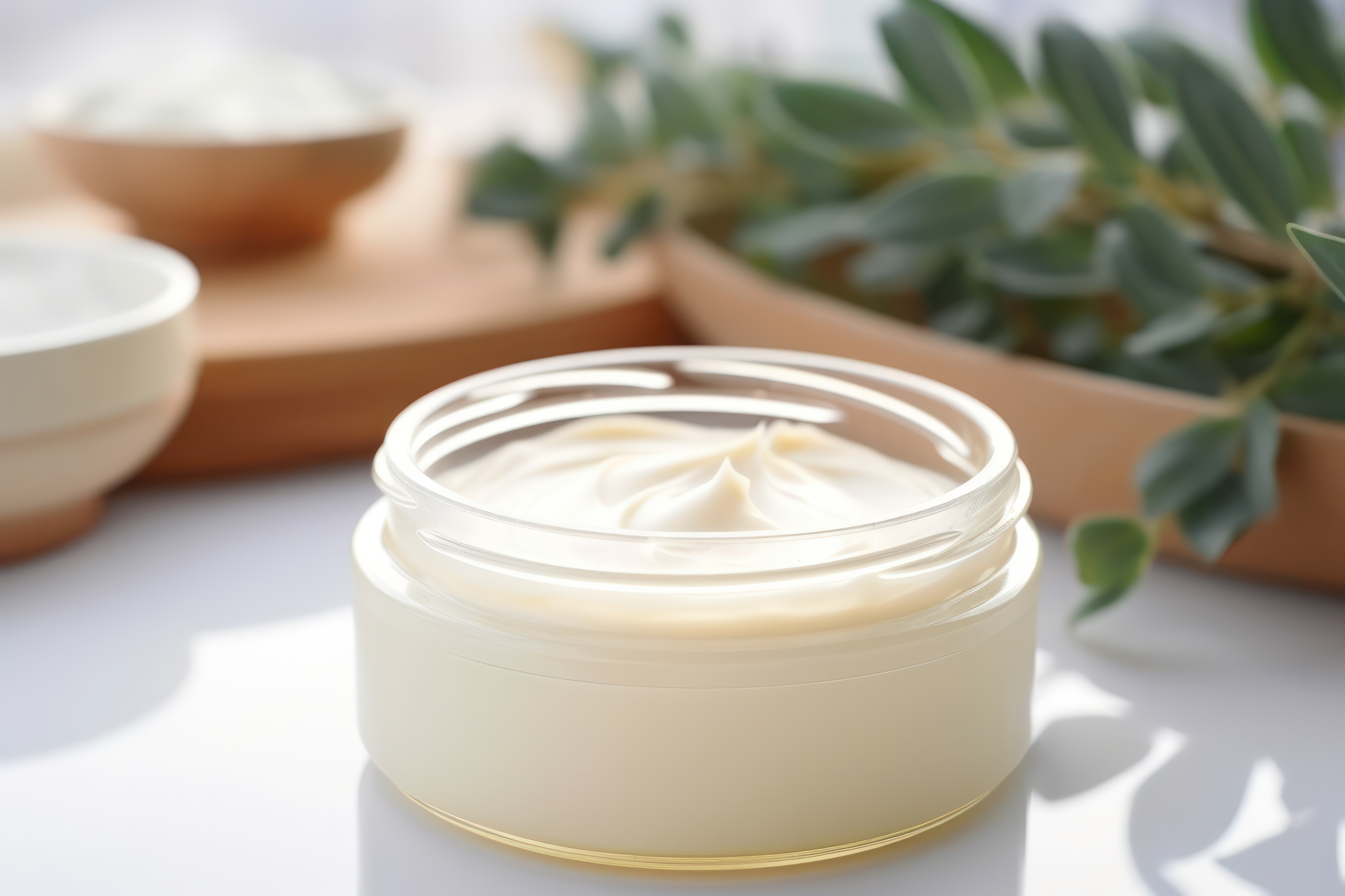 Offener Glastiegel mit weißer Creme, im Hintergrund grüne Zweige