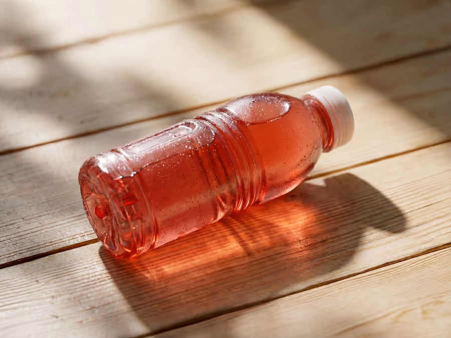 Flasche mit rotem Sportgetränk liegt auf einem sonnenbeschienenen Holztisch