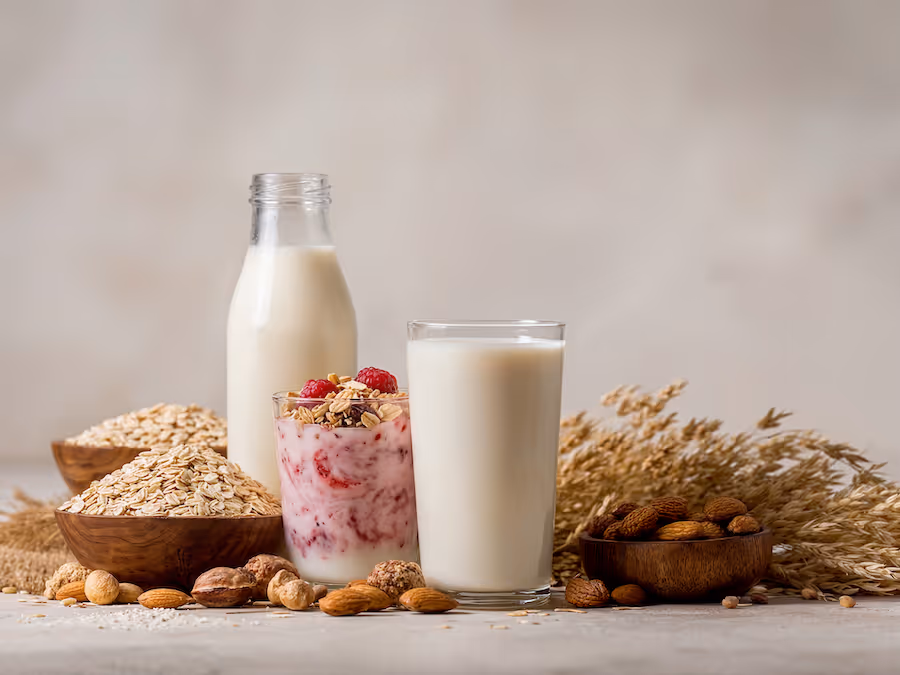 Oat drink in a bottle and glass with a raspberry oat yogurt, oat flakes, almonds and oat ears