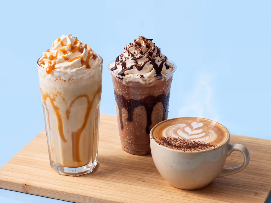 Karamell- und Schokoladen-Frappés mit Schlagobers neben einem Cappuccino mit Latte Art auf einem Holzbrett