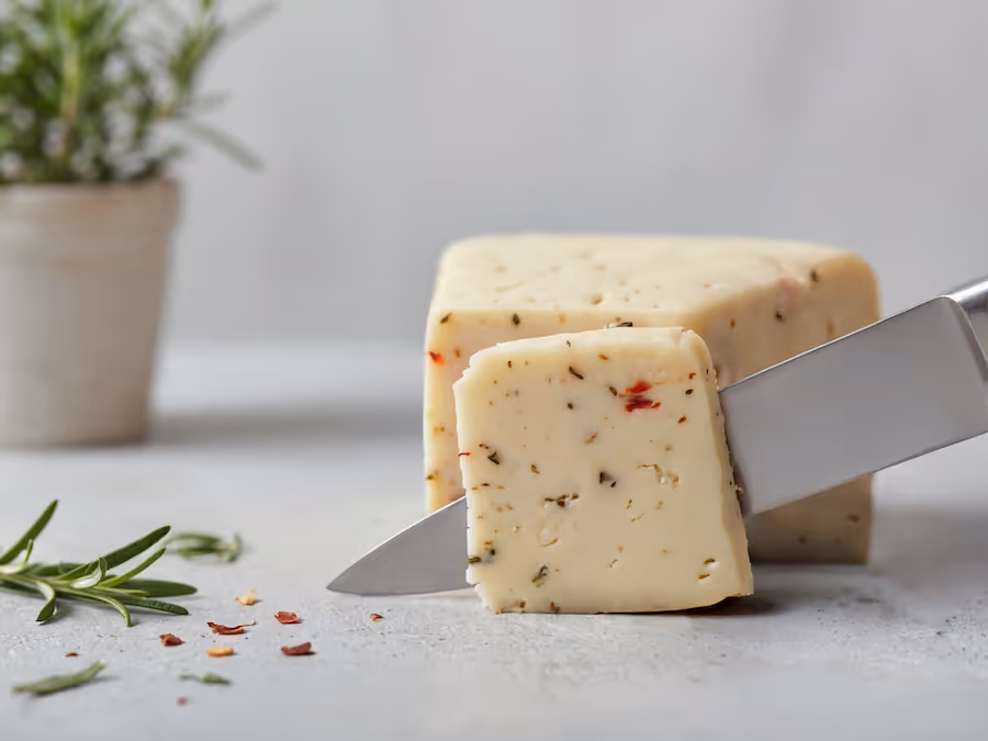 Block pflanzlicher Kräuterkäse wird mit einem Messer angeschnitten, daneben eine Rosmarinpflanze