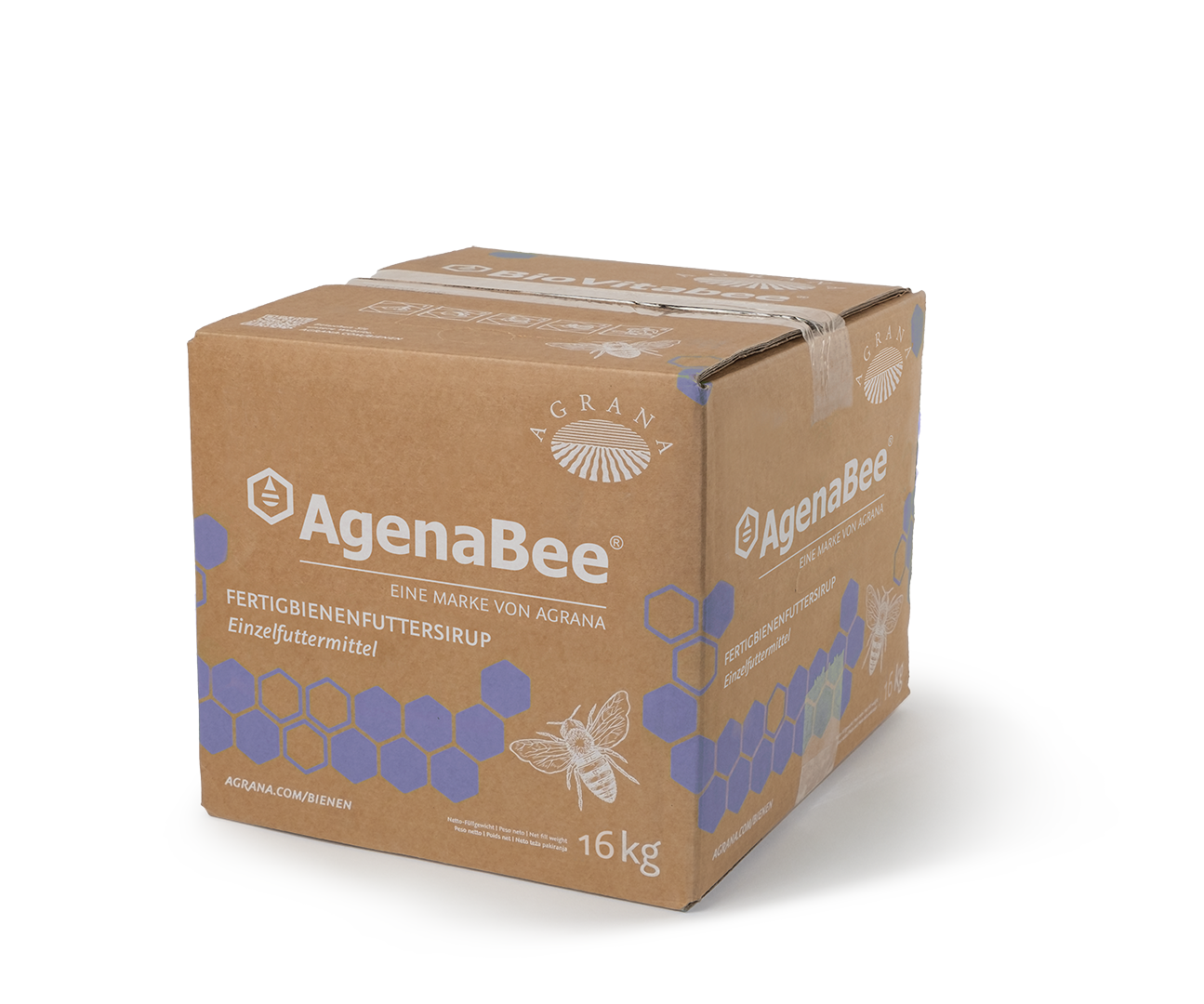 AgenaBee Bienenfuttersirup, 16-kg-Bag-in-Box-Karton mit violettem Wabendesign
