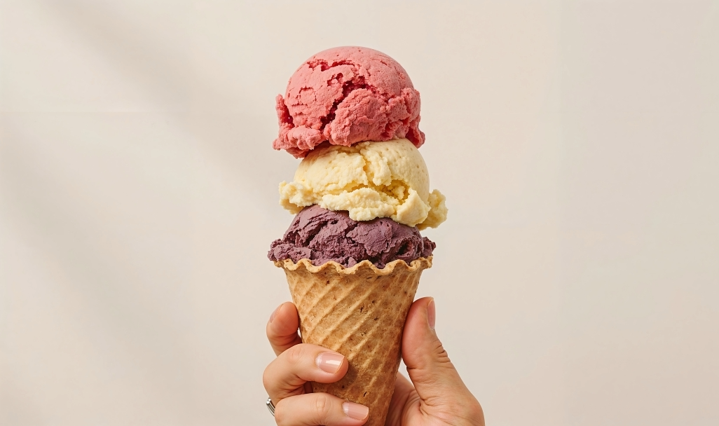 Hand hält eine Waffeltüte mit drei Kugeln Eis in Rot, Vanille und Violett