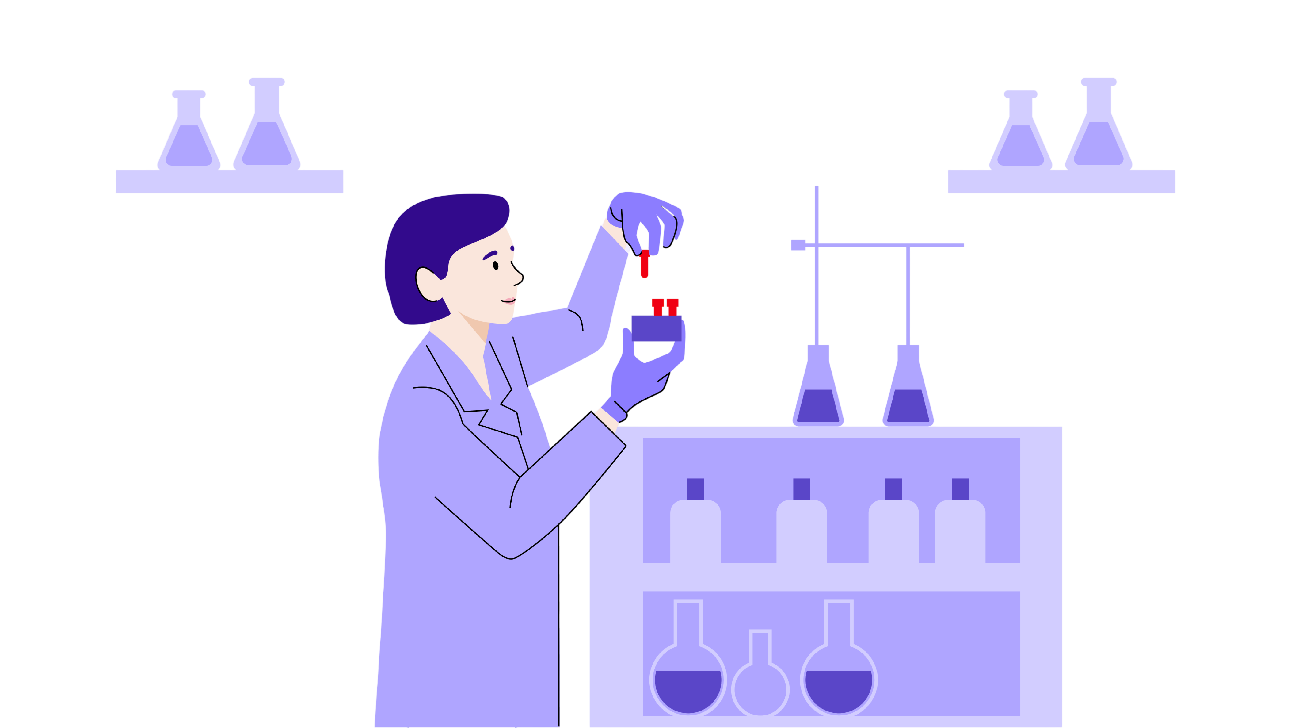 Illustration: Laborant im Kittel mit Handschuhen hält ein Becherglas vor Regalen mit Kolben