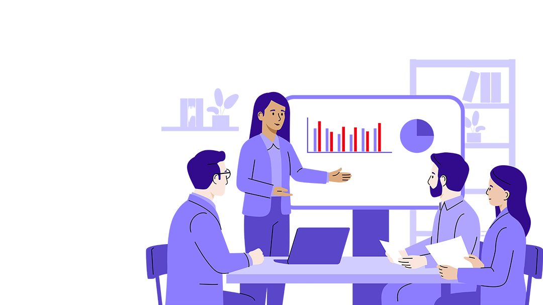 Illustration: woman presenting a bar chart to three colleagues at a meeting table