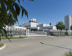 AGRANA Fruit plant in Germany with entrance gate and silos, framed by green leaves [no AI]