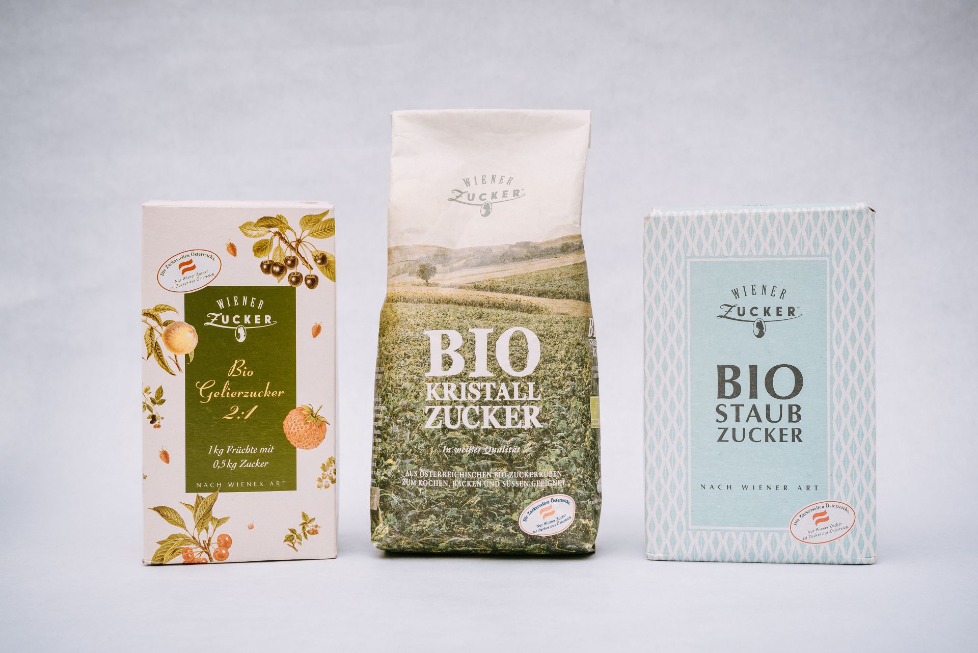 Drei Wiener Zucker Bio-Packungen: Gelierzucker, Kristallzucker und Staubzucker