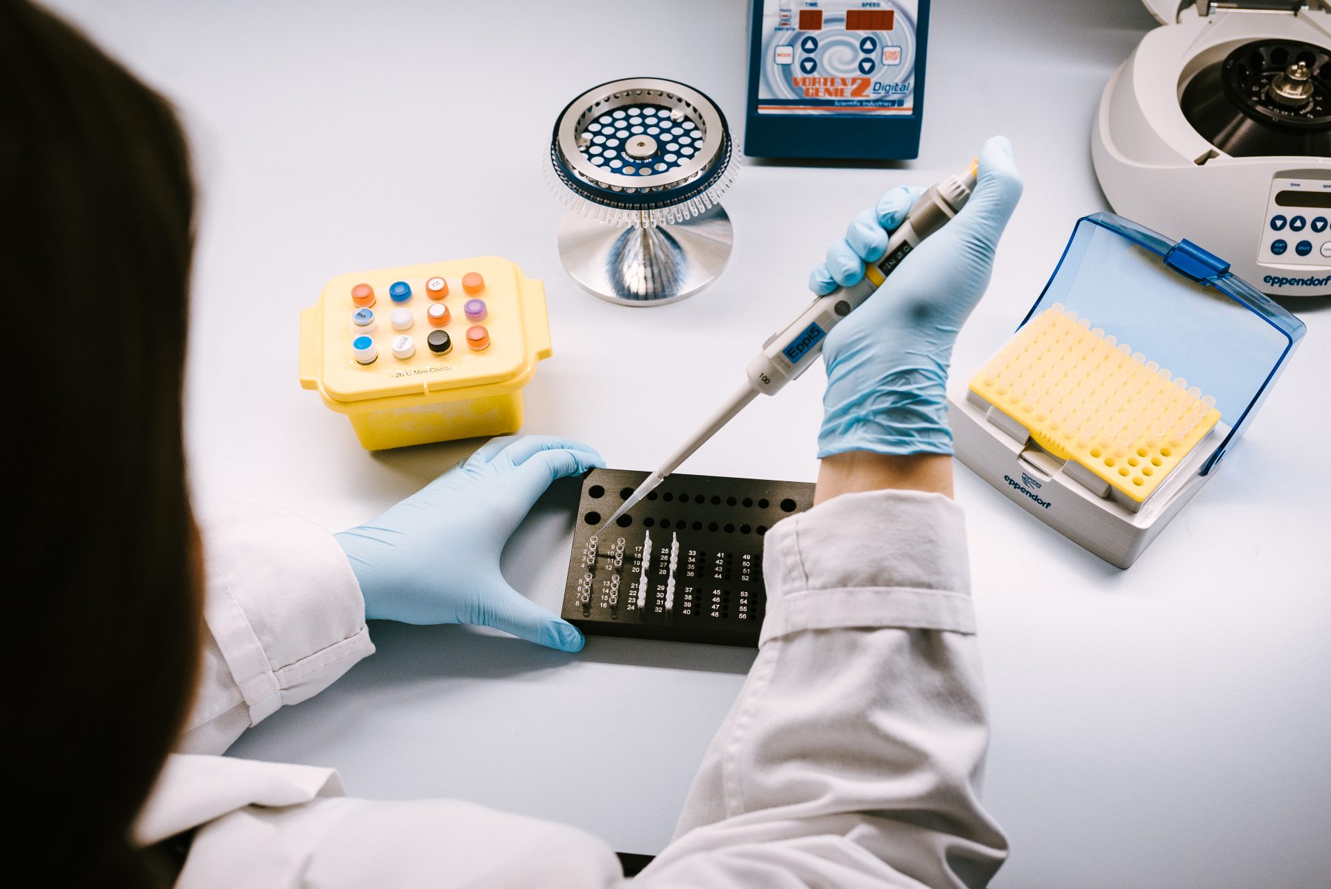 Laborant pipettiert Proben mit blauen Handschuhen im ARIC Labor