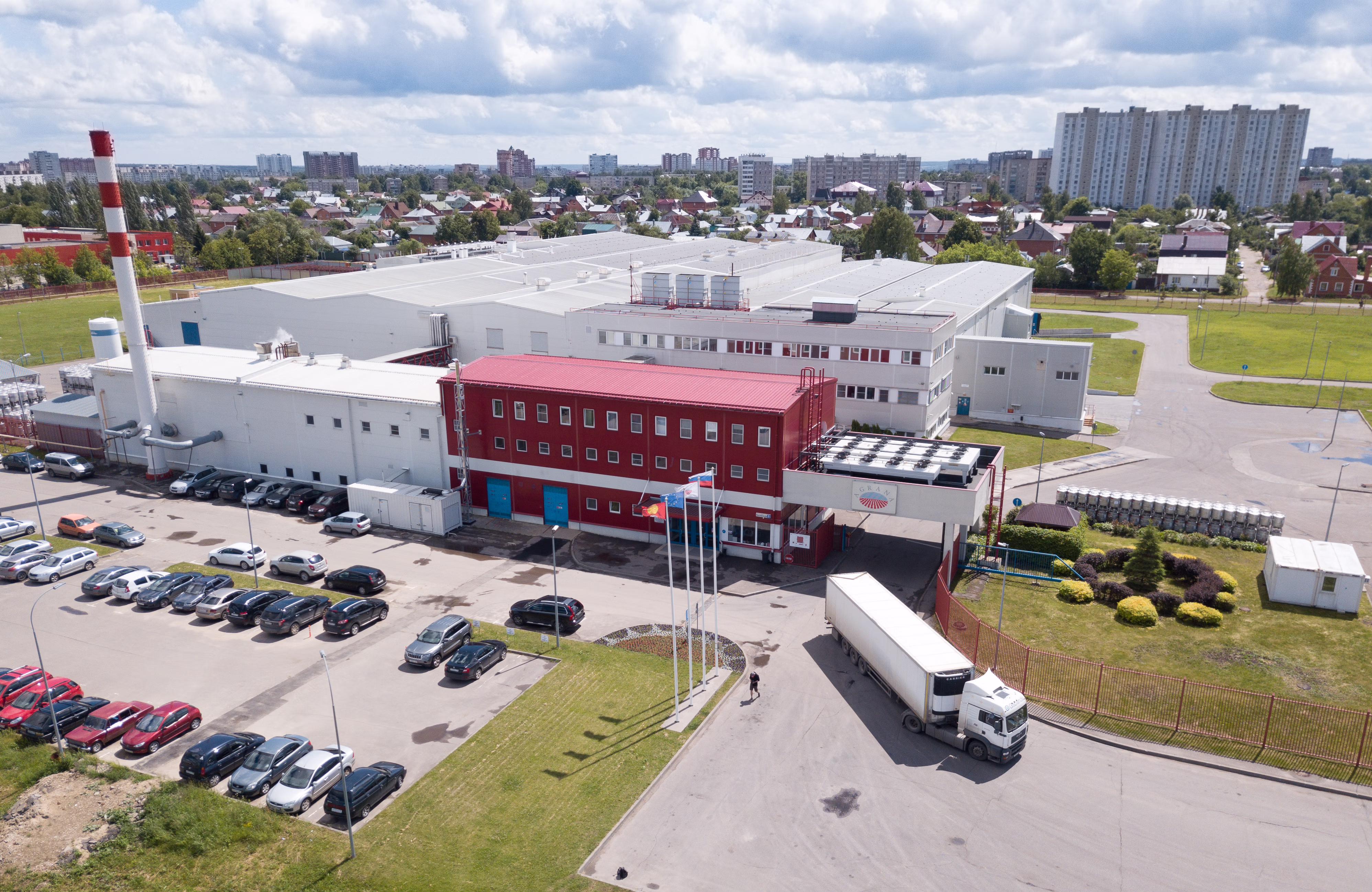 AGRANA Fruit plant in Serpukhov, Russia, seen from above with red office building and parking lot