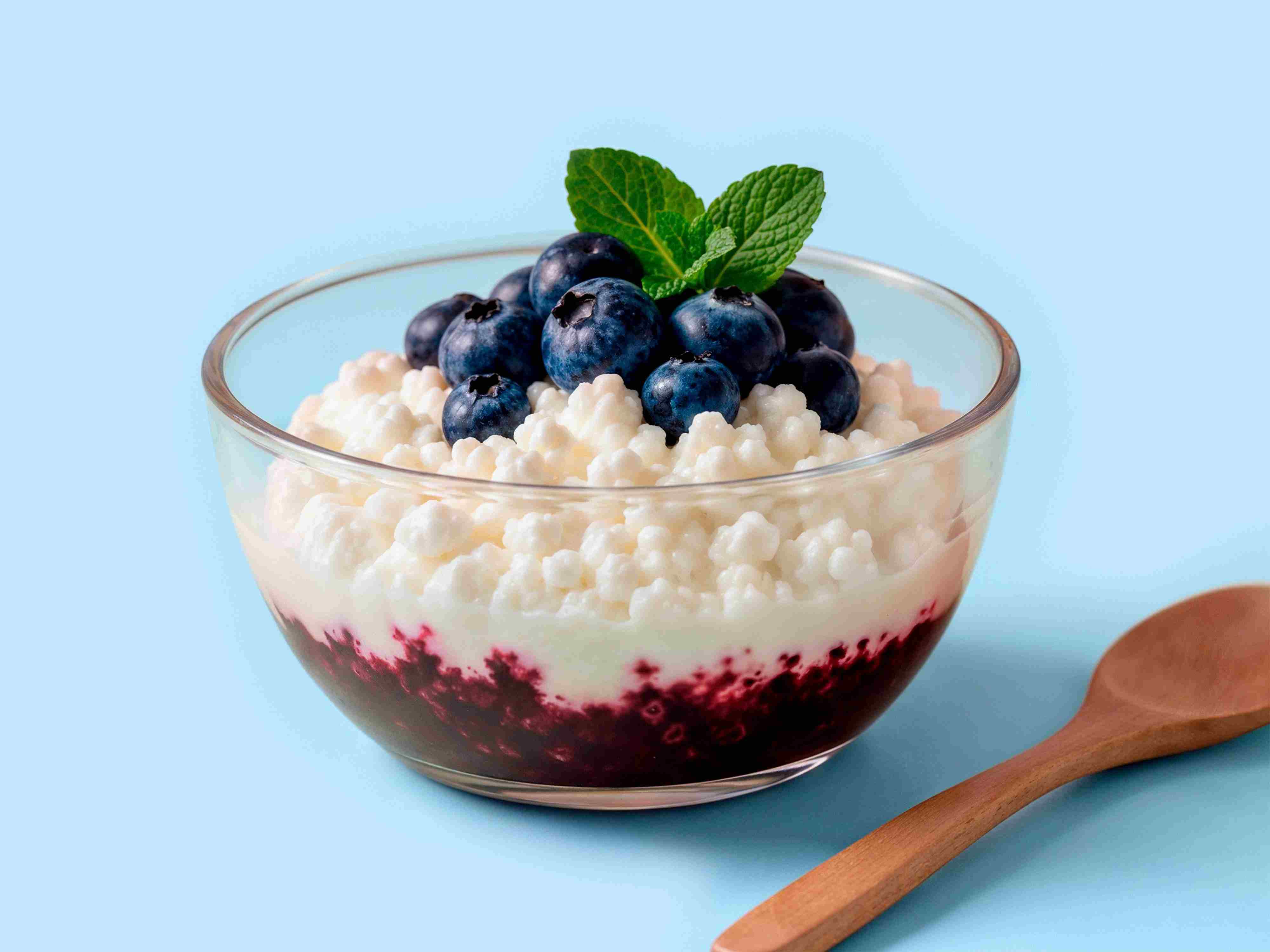 Glasschale mit Hüttenkäse, Heidelbeerkompott, frischen Heidelbeeren und Minze vor hellblauem Hintergrund